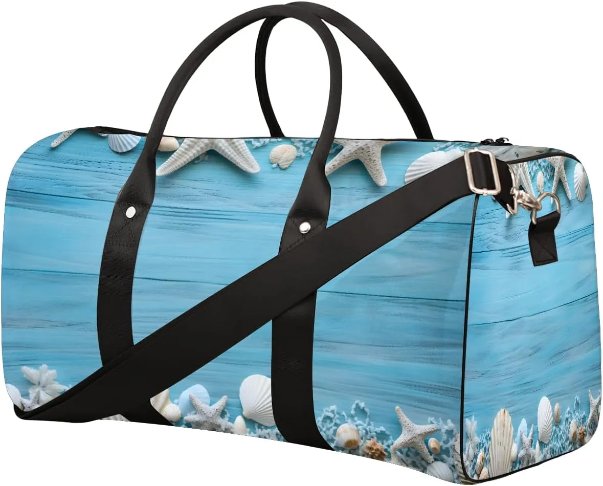Wooden Board Starfish Blue Travel Duffel Bag for Women Men Small Sport Gym Bag Waterproof Weekender Overnight Lightweight Carry on Foldable Gym Bag for Training Swim Yoga Traveling Handbag