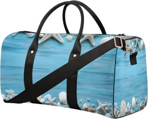 Wooden Board Starfish Blue Travel Duffel Bag for Women Men Small Sport Gym Bag Waterproof Weekender Overnight Lightweight Carry on Foldable Gym Bag for Training Swim Yoga Traveling Handbag