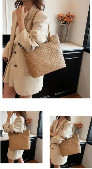 Woven Tote Bag for Women, Faux Leather Fashion Hobo Handbag, Large Capacity Purse Top Handle Shoulder Bag Travel Totes