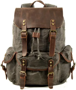 WUDON Leather Backpack for Men, Waxed Canvas Shoulder Rucksack Carry-On Travel Backpack