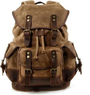 WUDON Men Travel Backpack, Genuine Leather-Waxed Canvas Shoulder Hiking Rucksack