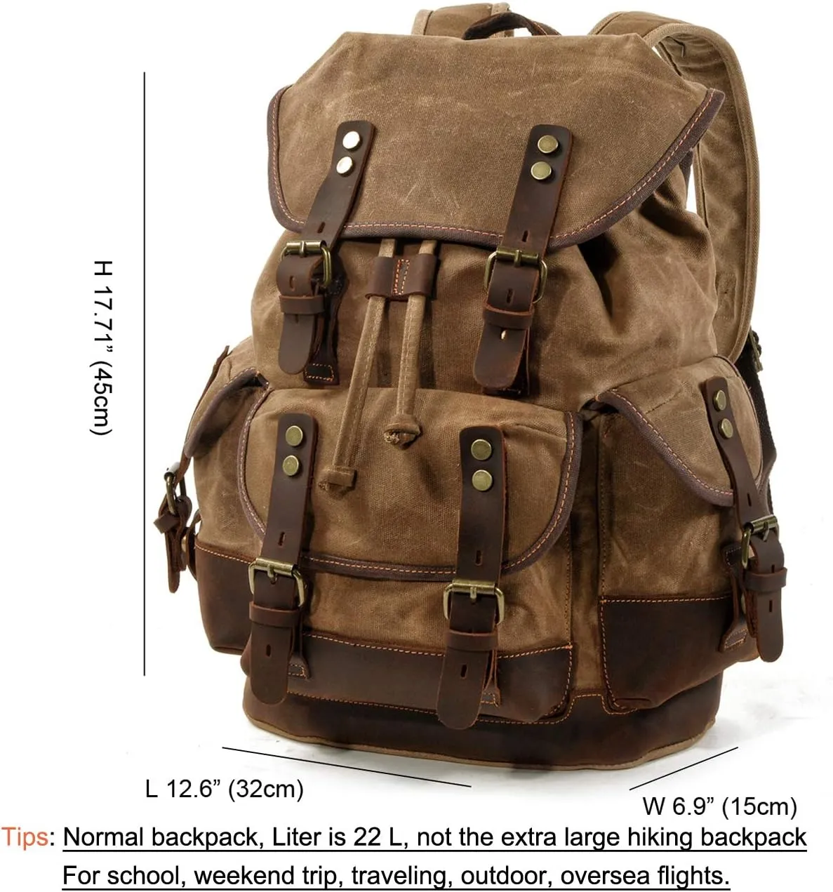 WUDON Men Travel Backpack, Genuine Leather-Waxed Canvas Shoulder Hiking Rucksack