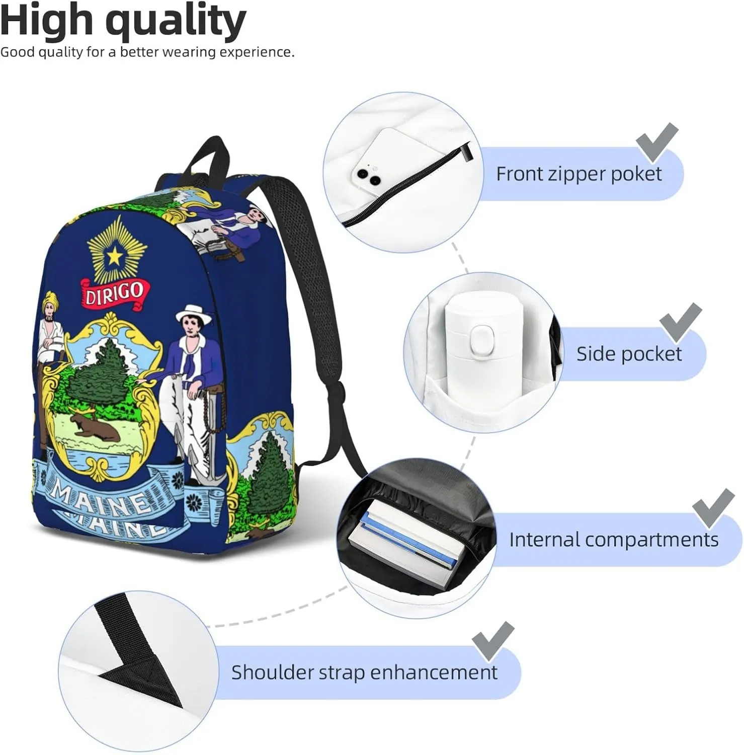 WURTON Maine State Flag Print Backpack Casual Bookbag Men Women Laptop Lightweight Cute Travel Rucksack Bestow