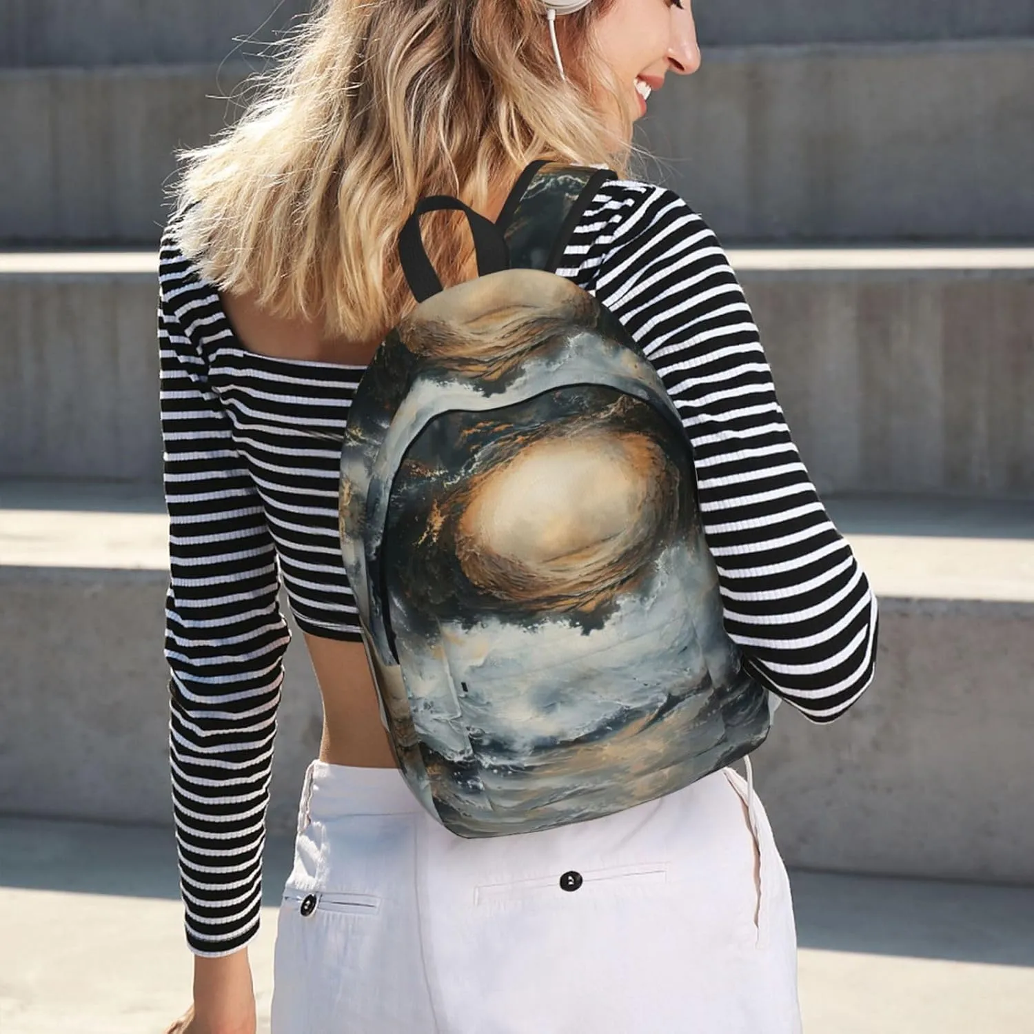 WURTON Within The Tides Print Unisex Canvas Bag Canvas Shoulder Pouch Pack Lightweight Backpack For Woman Lady, Medium, Black