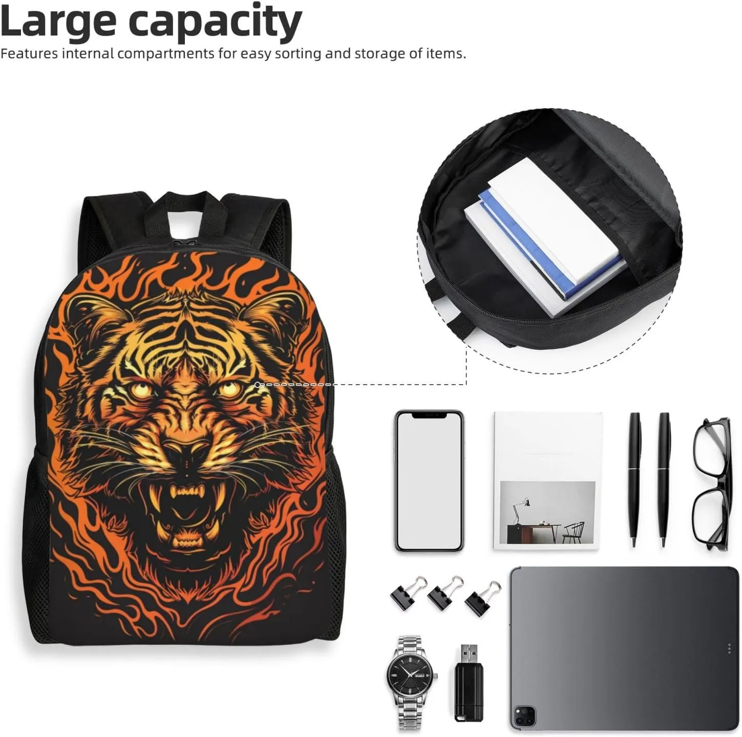 Xerial Cool Tiger Backpack Waterproof Anti Theft Durable Light Laptop Bag Backpacks For Women Men Travel Gym Backpack