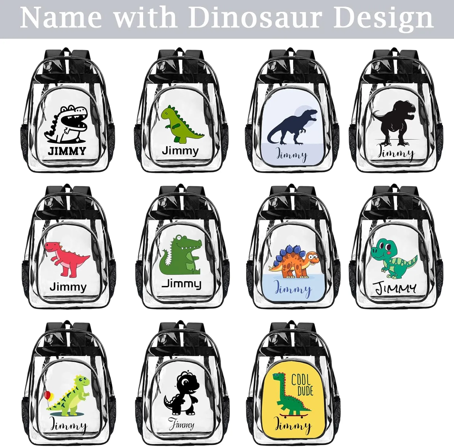 xrlsg Custom Clear Backpack Personalized Backpacks for School Water Resistant PVC Transparent Backpacks for Office Travel Outdoor-Dinosaur