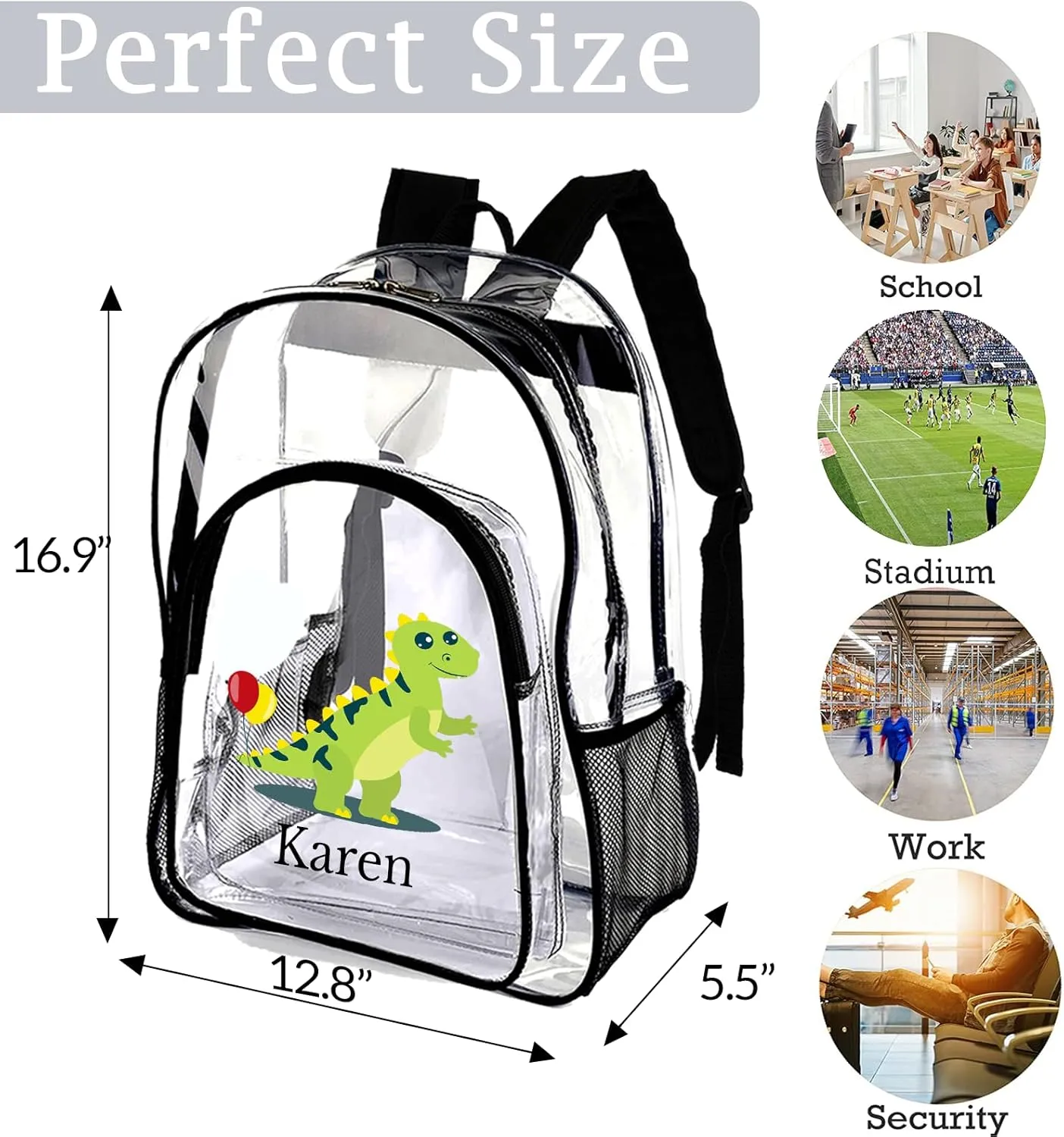 xrlsg Custom Clear Backpack Personalized Backpacks for School Water Resistant PVC Transparent Backpacks for Office Travel Outdoor-Dinosaur