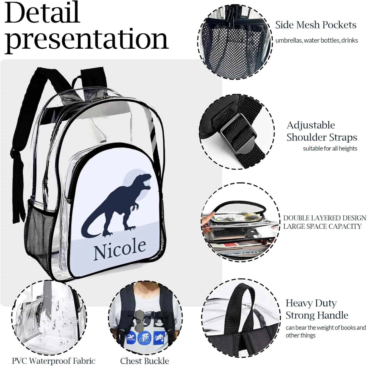 xrlsg Custom Clear Backpack Personalized Backpacks for School Water Resistant PVC Transparent Backpacks for Office Travel Outdoor-Dinosaur