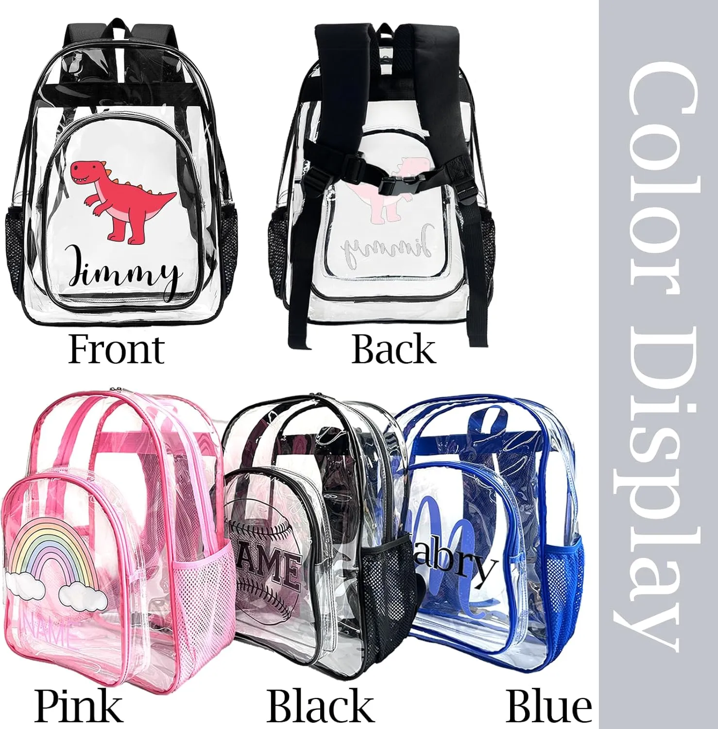 xrlsg Custom Clear Backpack Personalized Backpacks for School Water Resistant PVC Transparent Backpacks for Office Travel Outdoor-Dinosaur