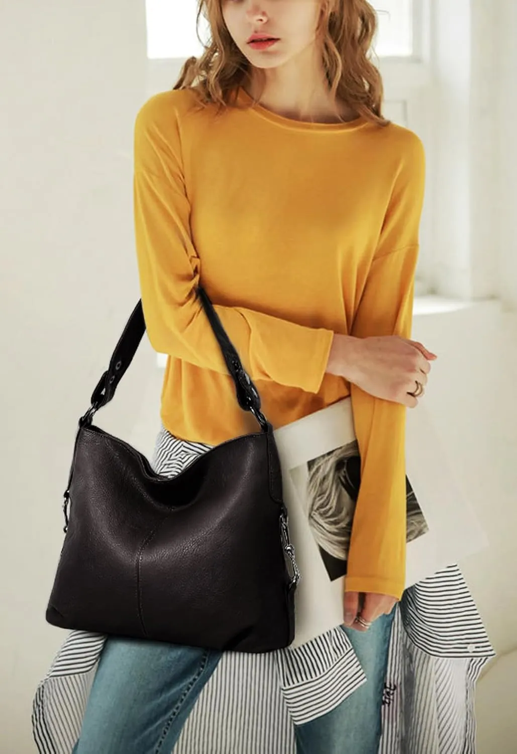 YALUXE Genuine Leather Shoulder Bags Stylish Hobo Handbags Purses Crossbody Bags for Women