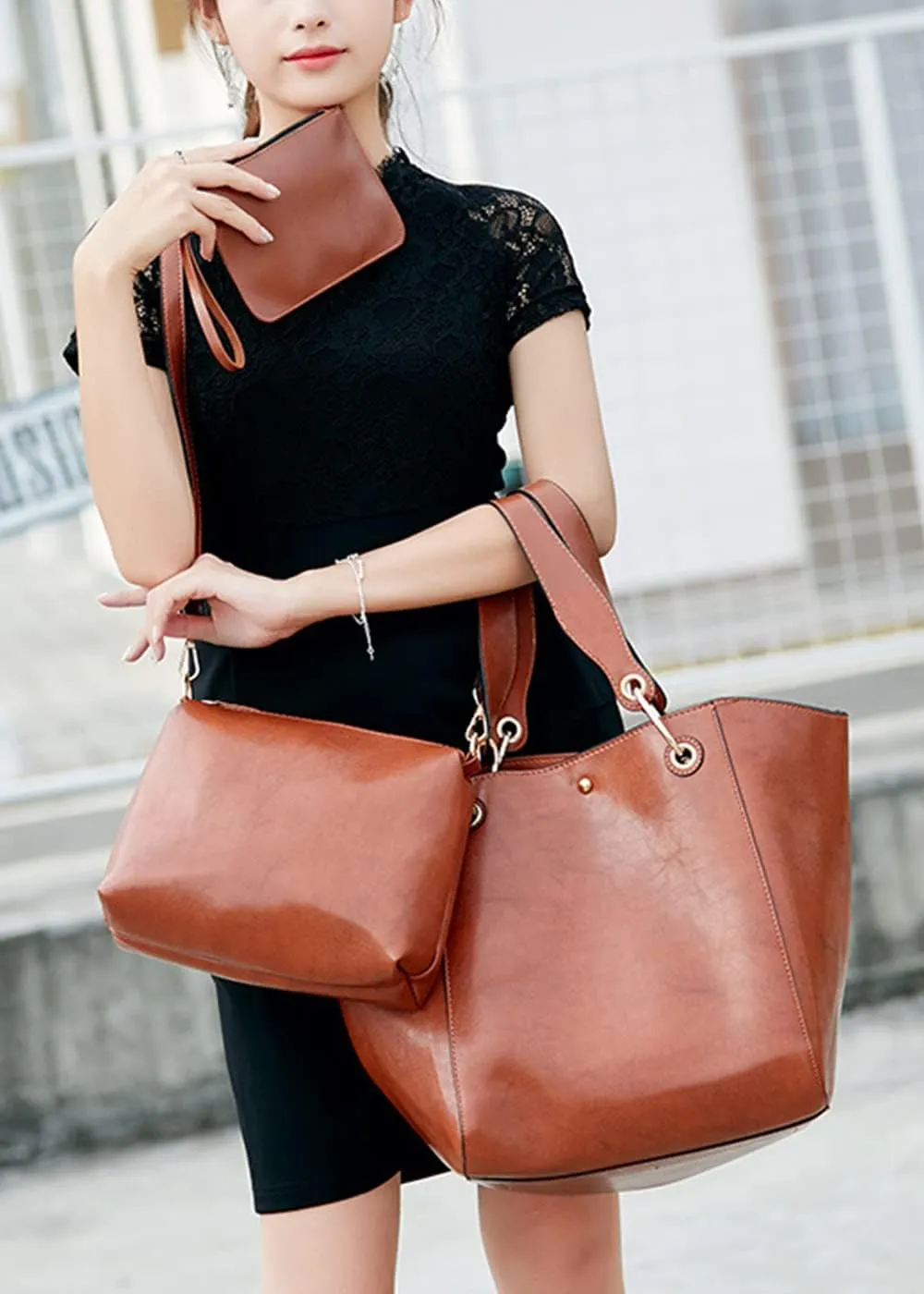 YAQUNICER Women Classic Soft Leather Shoulder Bag 4Pcs Fashion Crossbody Bags Purse