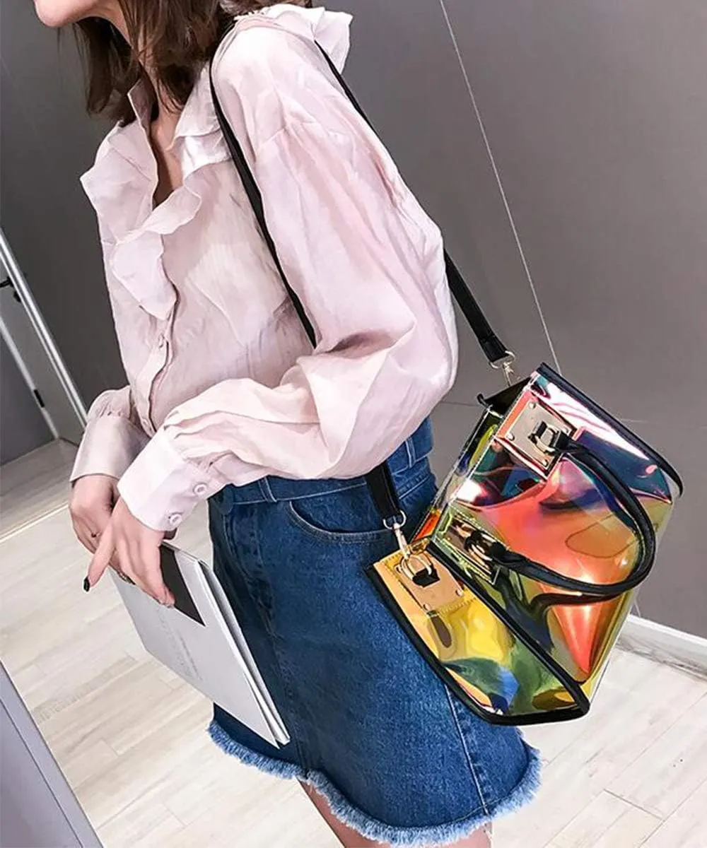 YAQUNICER Women Crossbody Shoulder Messenger Hobo Bag Laser Sling Purse with Golden Chain-Black