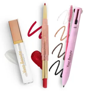 YazzBeauty 2-Piece Makeup Set – Nude 4-in-1 Touch-Up Pen & Passion Red 3-in-1 Lip Plumper Kit – Eyeliner, Brow Pencil, Lip Liner, Lipstick & Gloss – Travel-Ready, Vegan, Cruelty-Free