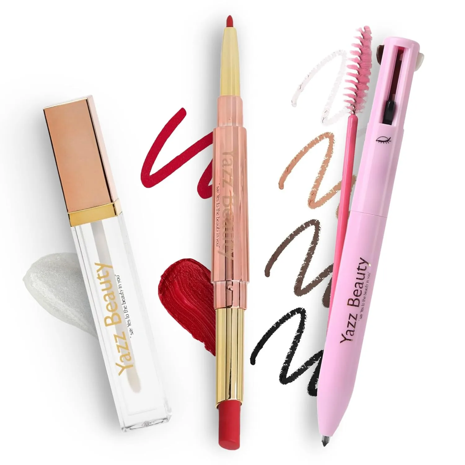 YazzBeauty 2-Piece Makeup Set – Nude 4-in-1 Touch-Up Pen & Passion Red 3-in-1 Lip Plumper Kit – Eyeliner, Brow Pencil, Lip Liner, Lipstick & Gloss – Travel-Ready, Vegan, Cruelty-Free