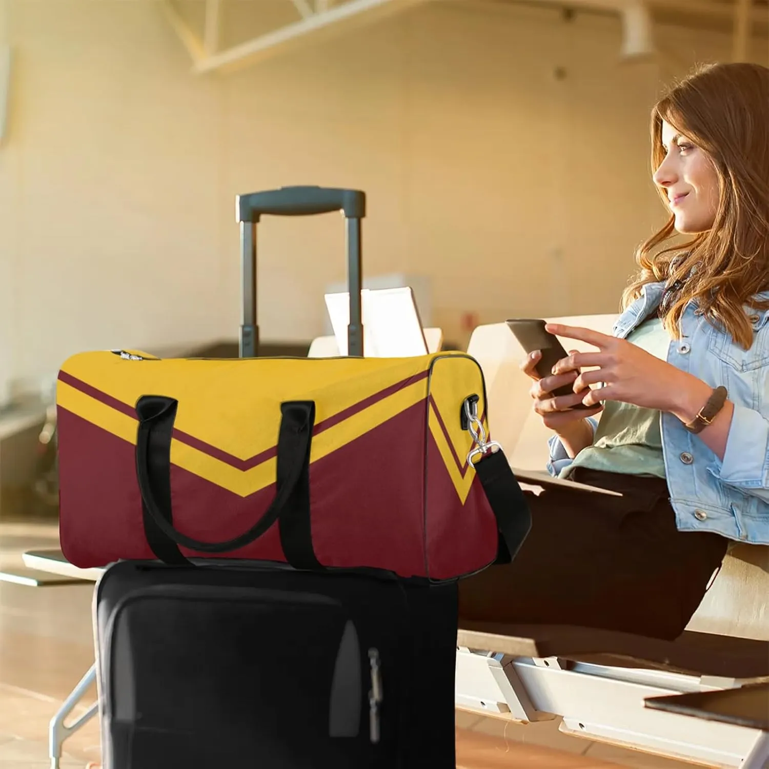 Yellow Red Cheer Travel Duffle Bag for Women Men, Carry On Overnight Bag, Weekend Travel Duffel Tote Bags for Trips Sport Hospital
