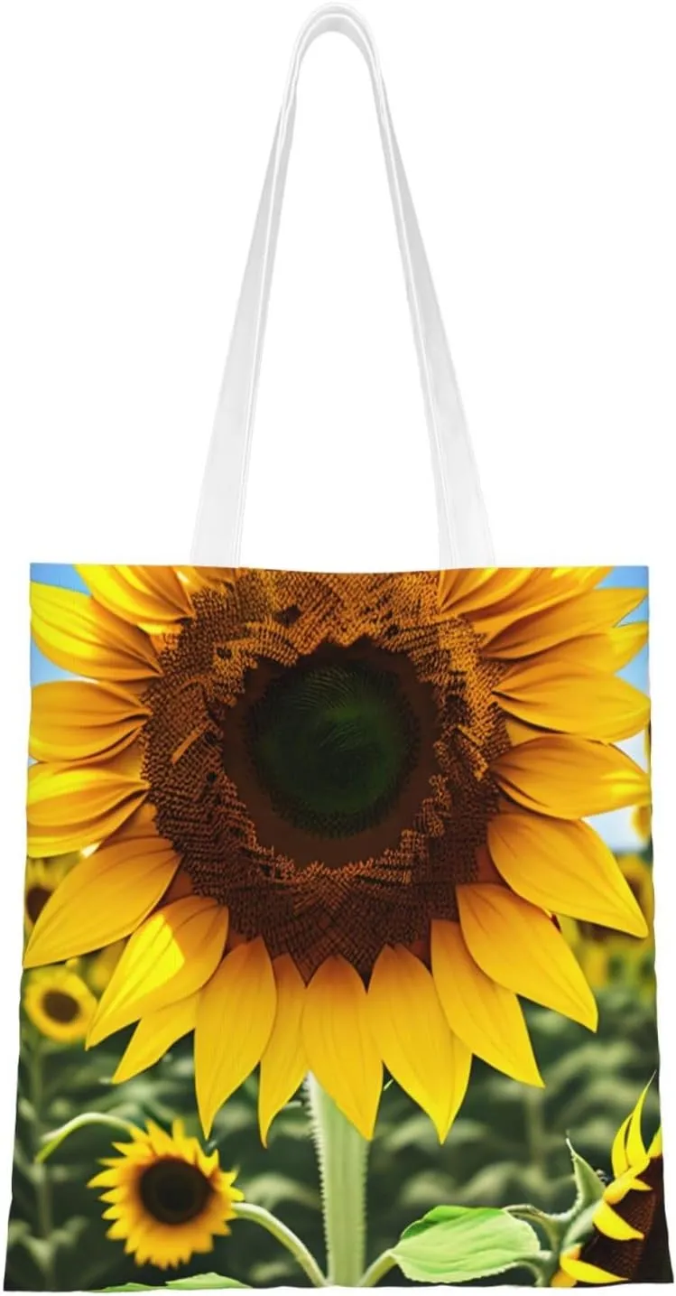 Yellow Sunflower Print Canvas Tote Bag Reusable Shoulder Shopping Bags For Daily Use Shopping Travel