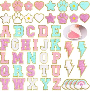 Yilloog 50 Pcs Self Adhesive Chenille Patches Paw Print Smile Face Heart Patch Preppy Sticker Chenille Rainbow Sew on Sticker for Jackets Jeans(Classic Style,Macaron Color)