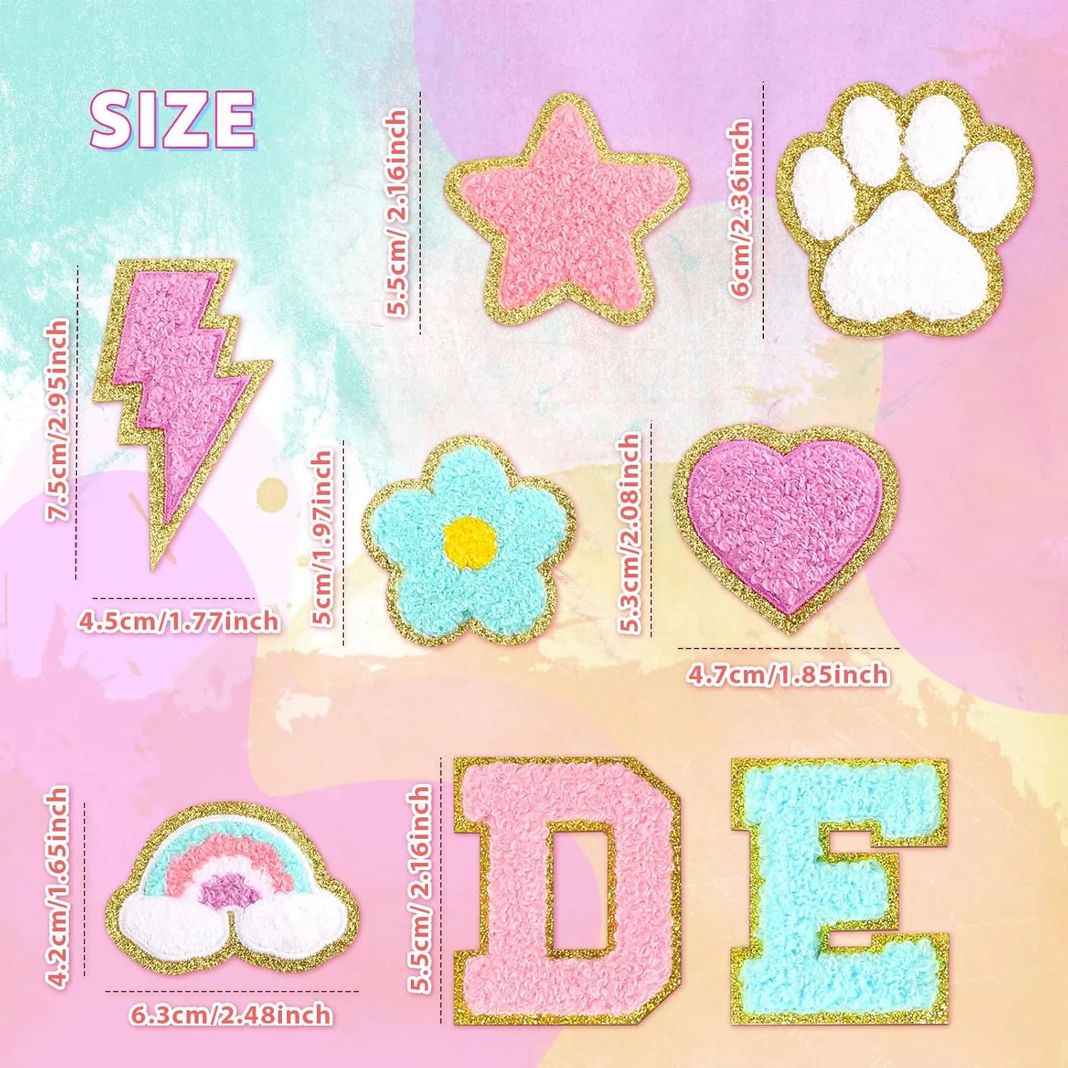 Yilloog 50 Pcs Self Adhesive Chenille Patches Paw Print Smile Face Heart Patch Preppy Sticker Chenille Rainbow Sew on Sticker for Jackets Jeans(Classic Style,Macaron Color)