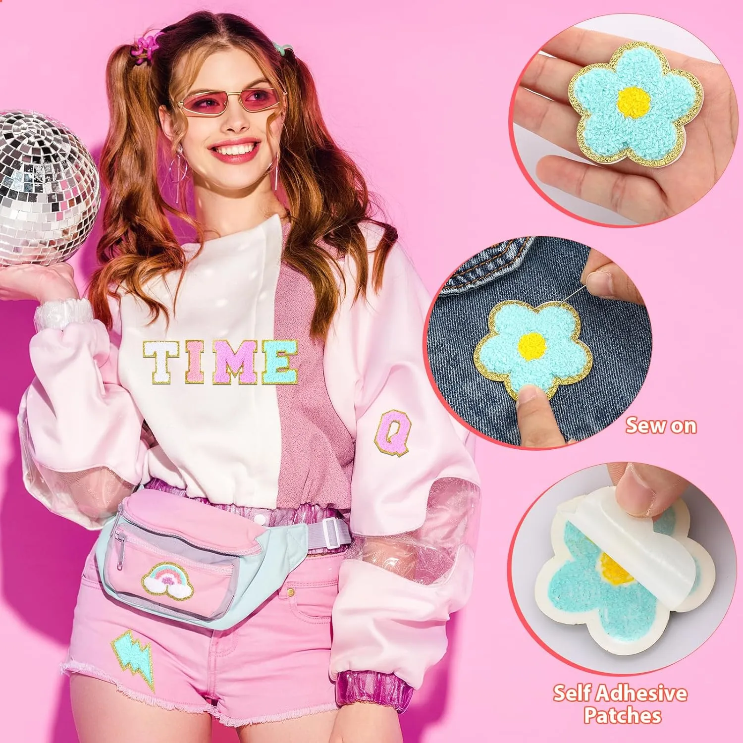 Yilloog 50 Pcs Self Adhesive Chenille Patches Paw Print Smile Face Heart Patch Preppy Sticker Chenille Rainbow Sew on Sticker for Jackets Jeans(Classic Style,Macaron Color)