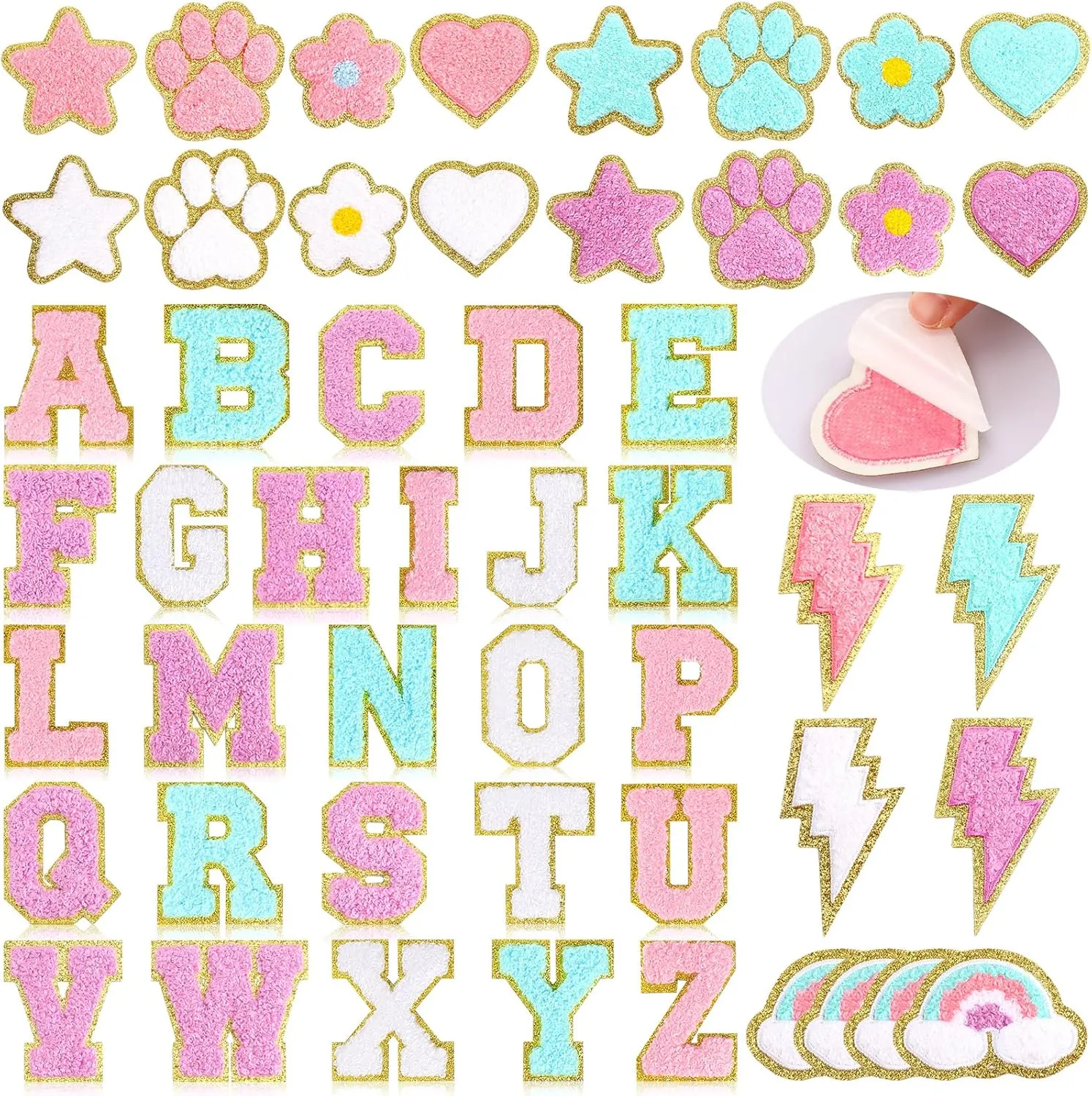 Yilloog 50 Pcs Self Adhesive Chenille Patches Paw Print Smile Face Heart Patch Preppy Sticker Chenille Rainbow Sew on Sticker for Jackets Jeans(Classic Style,Macaron Color)