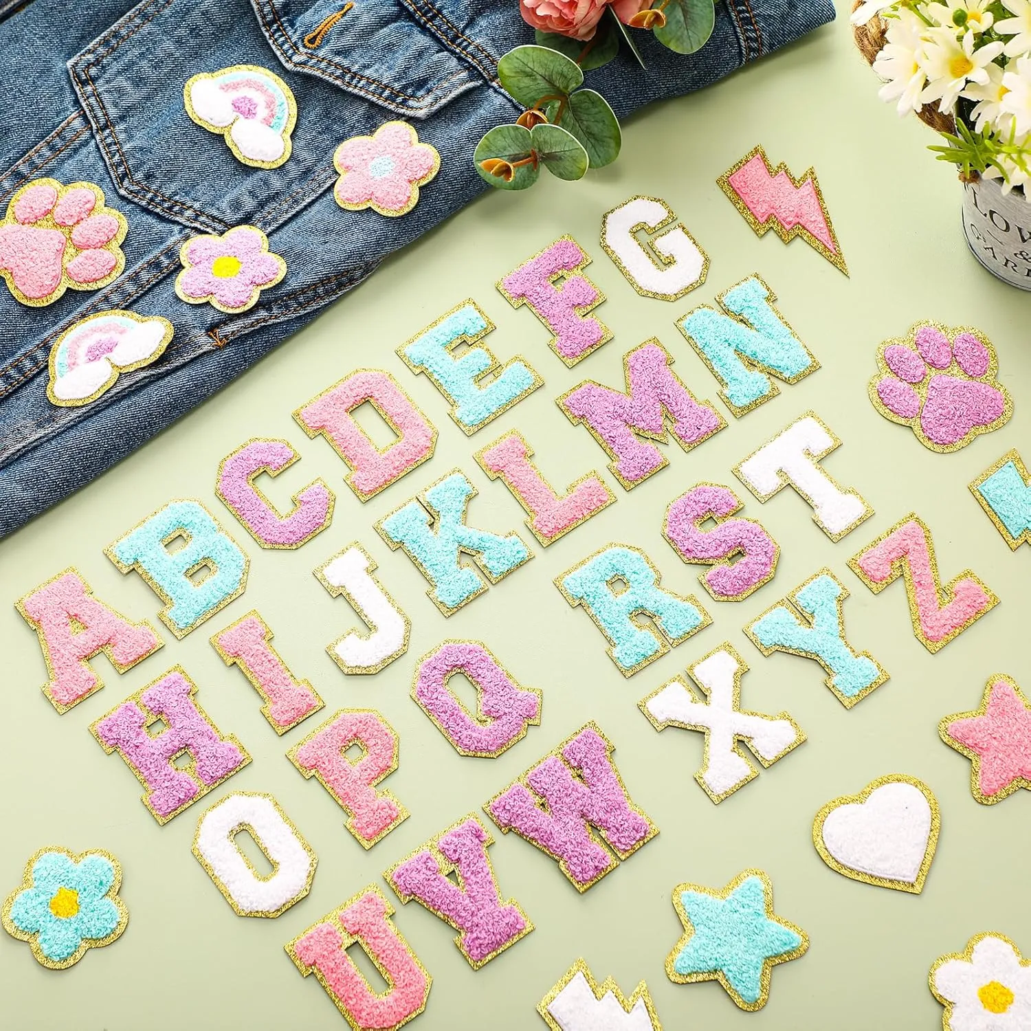 Yilloog 50 Pcs Self Adhesive Chenille Patches Paw Print Smile Face Heart Patch Preppy Sticker Chenille Rainbow Sew on Sticker for Jackets Jeans(Classic Style,Macaron Color)