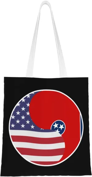Yin Yang Flag Combination Of America And Tennessee Tote Bag for Women Canvas Shopping Bags Reusable Large Capacity Casual Shoulder Handbags Grocery Bags DIY Gift Bags