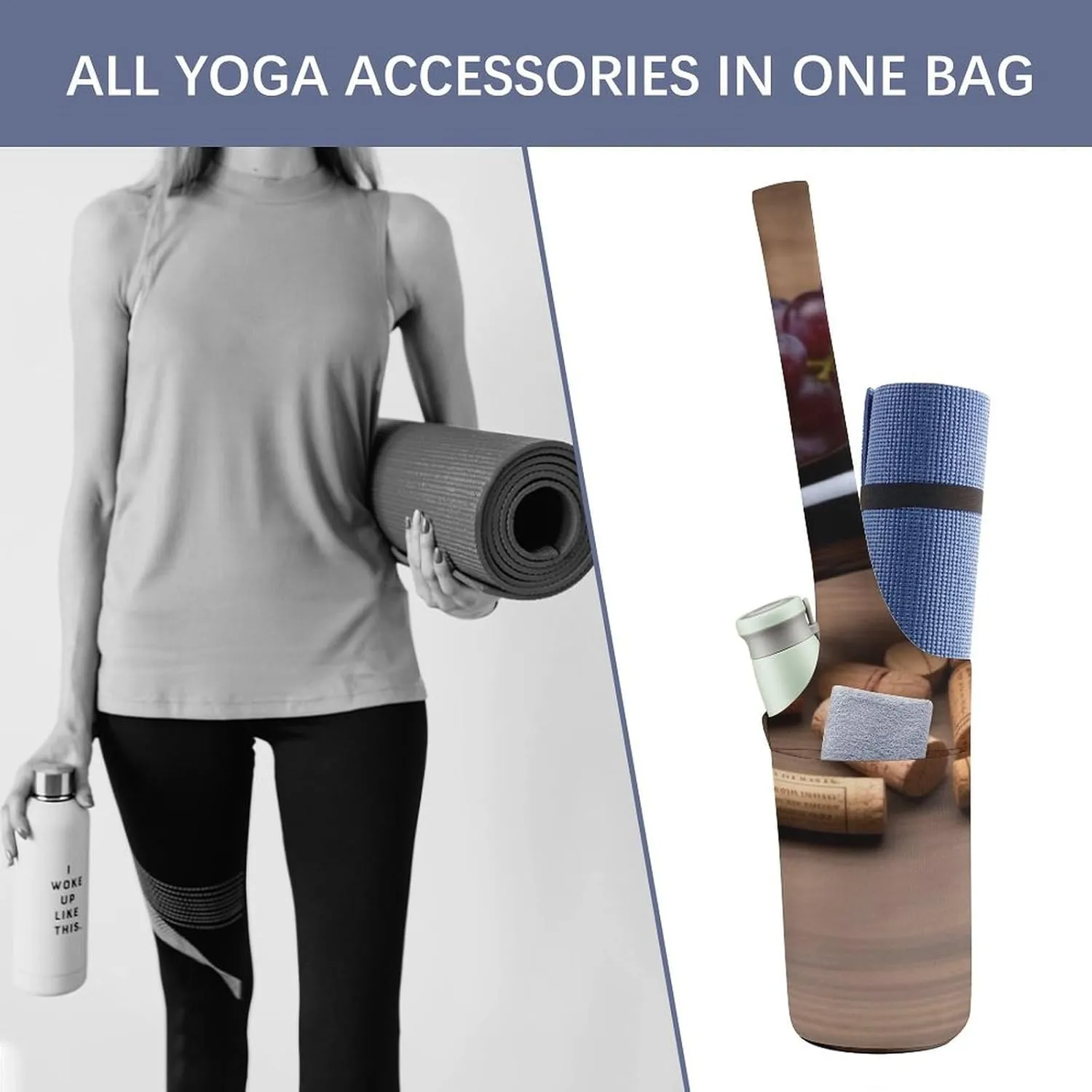 Yoga Mat Bag for Women Yoga Mat Carrier Bag with Large Side Pocket Wine Bottle Corks Grapes Yoga Bag Yoga Gym Bag