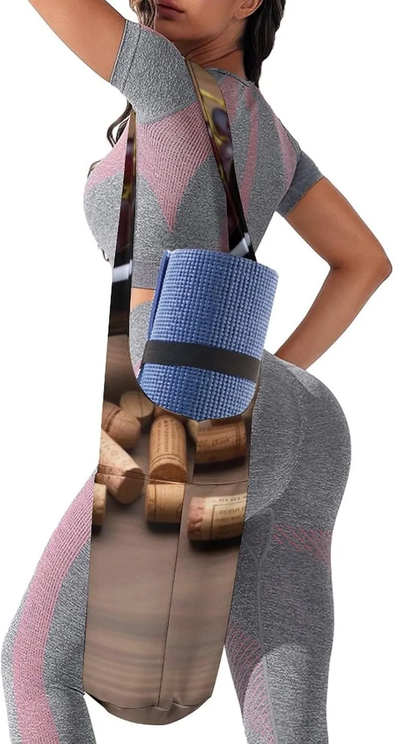 Yoga Mat Bag for Women Yoga Mat Carrier Bag with Large Side Pocket Wine Bottle Corks Grapes Yoga Bag Yoga Gym Bag