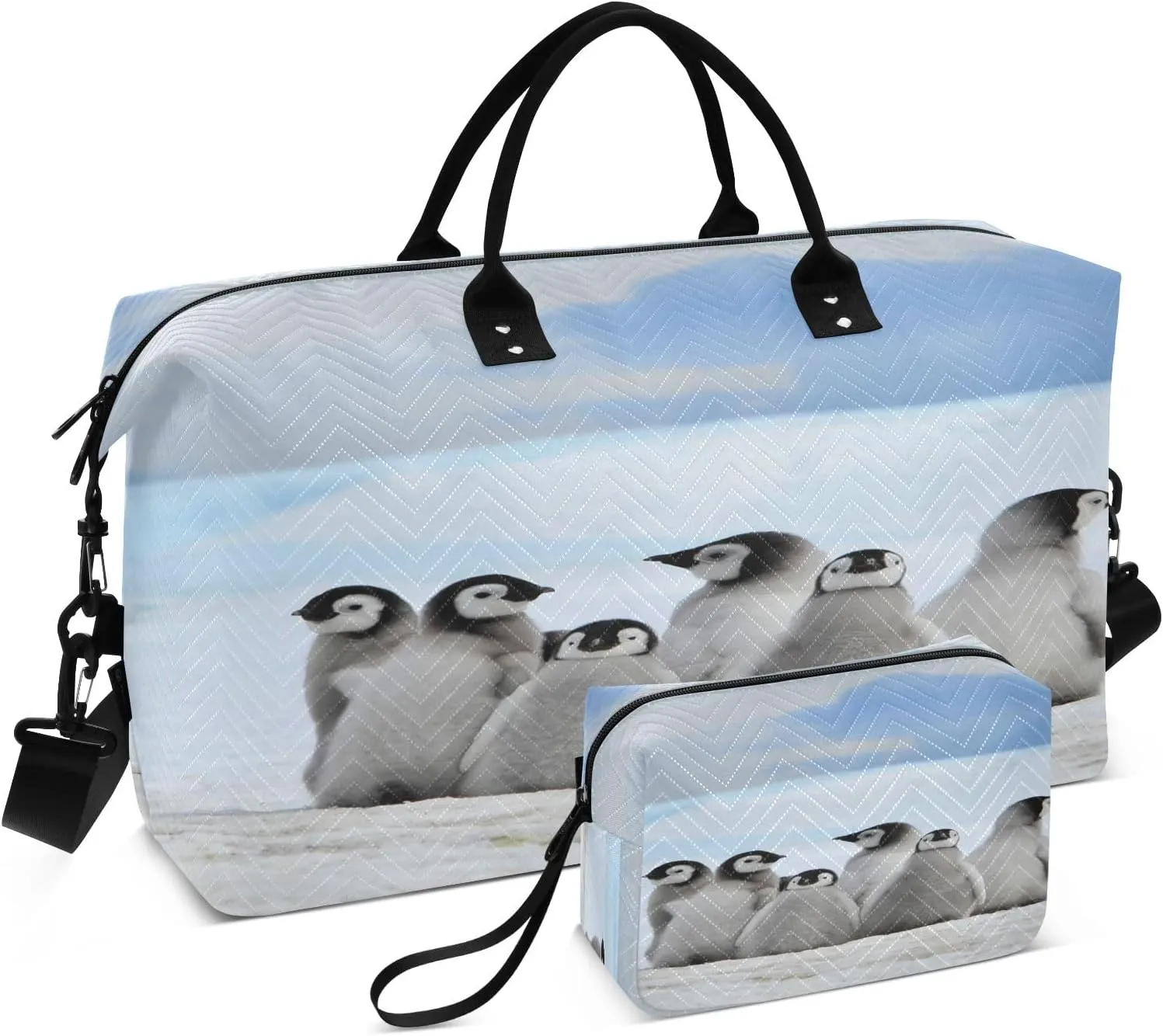 Young Penguins with Snow Pile Travel Duffel Bags with Toiletry Bag for Travel Gym Yoga Weekender Bag
