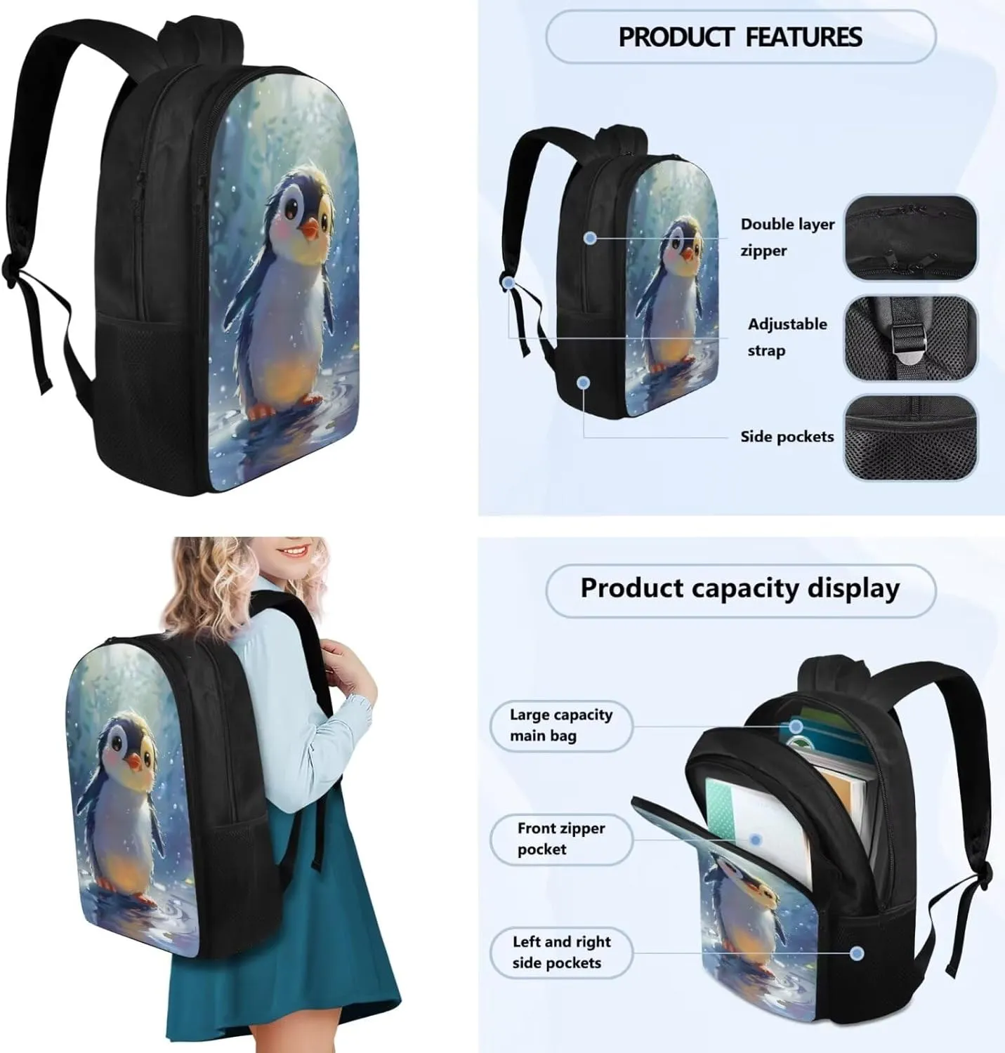 Ystardream 3D Penguin Backpack for School Girls Bookbag with Lunch Box Set of 4 Middle School Backpacks Matching BookMark for Girls - Funny Bookbag and Pencil Case 7Th Grade Teens Student