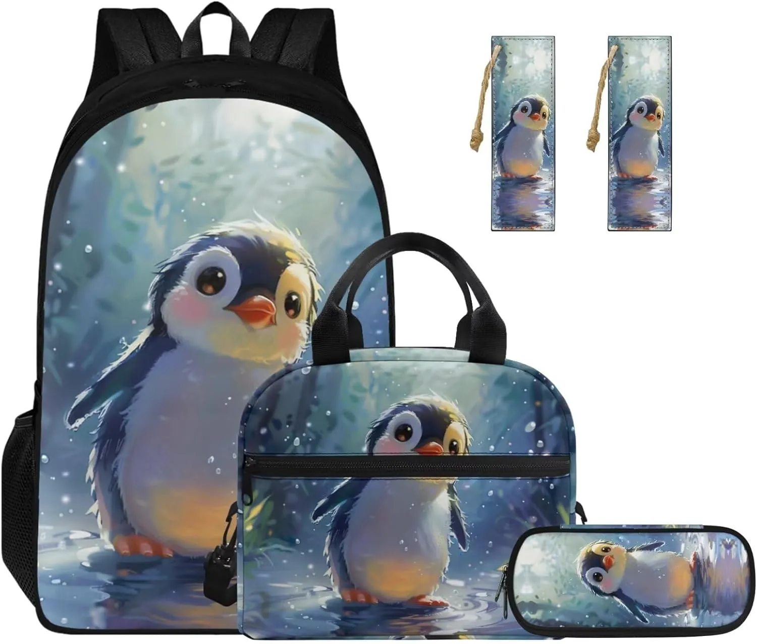 Ystardream 3D Penguin Backpack for School Girls Bookbag with Lunch Box Set of 4 Middle School Backpacks Matching BookMark for Girls - Funny Bookbag and Pencil Case 7Th Grade Teens Student