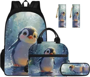Ystardream 3D Penguin Backpack for School Girls Bookbag with Lunch Box Set of 4 Middle School Backpacks Matching BookMark for Girls - Funny Bookbag and Pencil Case 7Th Grade Teens Student