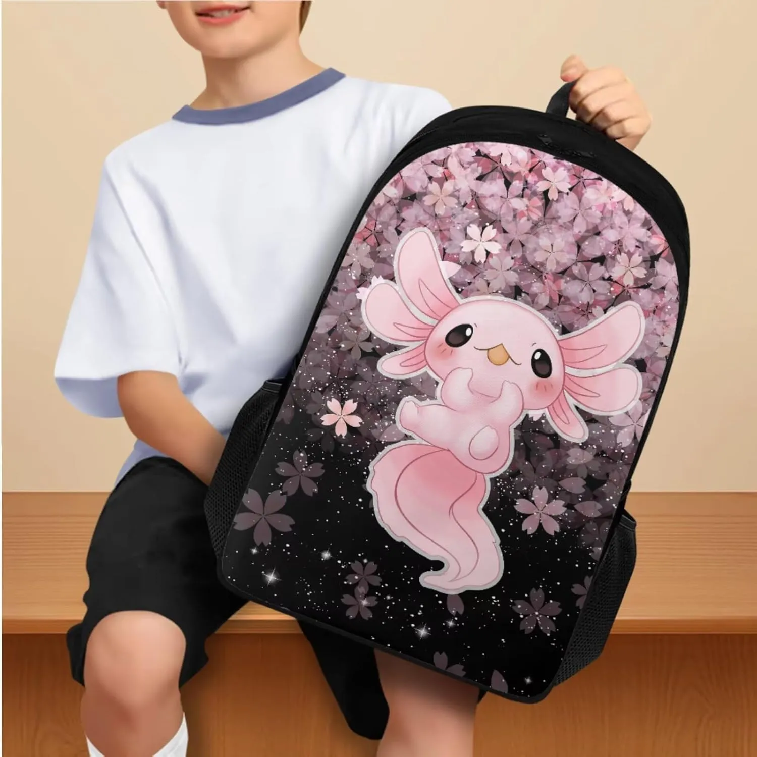 Ystardream Axolotl Backpacks for Girls 10-12 for School with Lunch Box Pencil Case Bookmark 4 Pcs Book Bag Elemenatry Preschool Back Packs Schoolbag for Kids Boys Travel Daypack Cherry Blossom