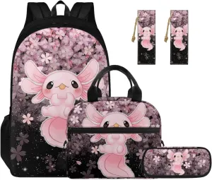 Ystardream Axolotl Backpacks for Girls 10-12 for School with Lunch Box Pencil Case Bookmark 4 Pcs Book Bag Elemenatry Preschool Back Packs Schoolbag for Kids Boys Travel Daypack Cherry Blossom