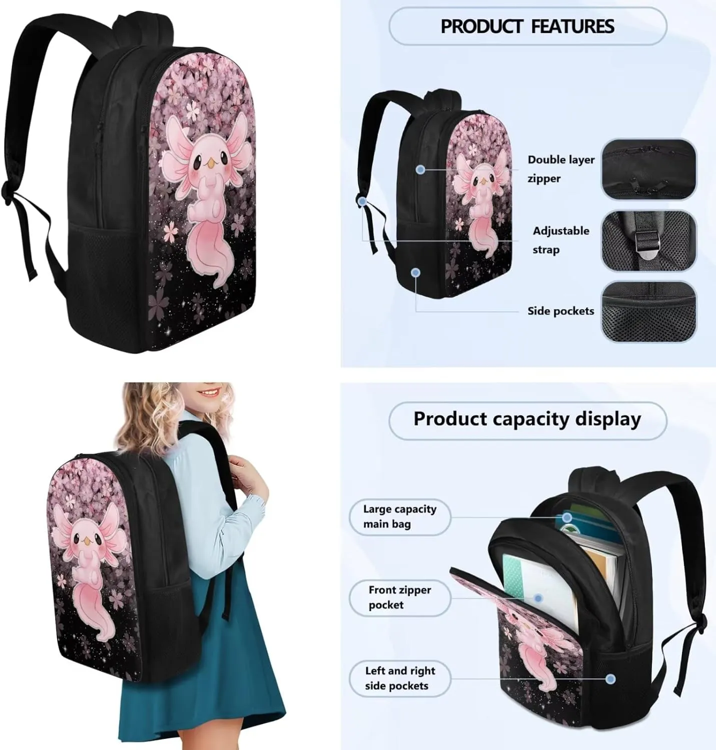 Ystardream Axolotl Backpacks for Girls 10-12 for School with Lunch Box Pencil Case Bookmark 4 Pcs Book Bag Elemenatry Preschool Back Packs Schoolbag for Kids Boys Travel Daypack Cherry Blossom