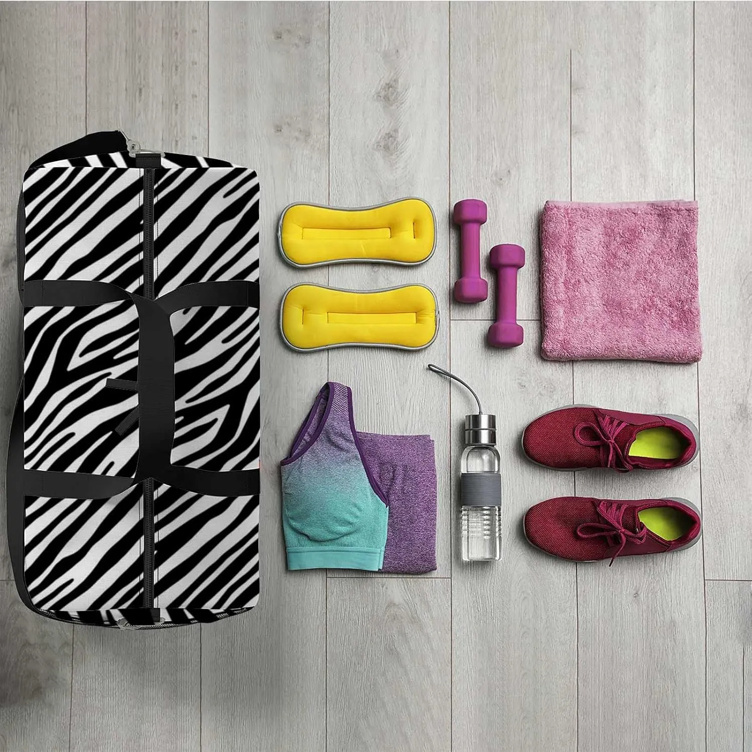 Zebra Skin Texture Sports Duffel Bag Travel Gym Tote Bags Lightweight Durable Shoulder Strap Waterproof Polyester Outside Mesh Pocket Overnight Trip Duffel Bag for Women Men