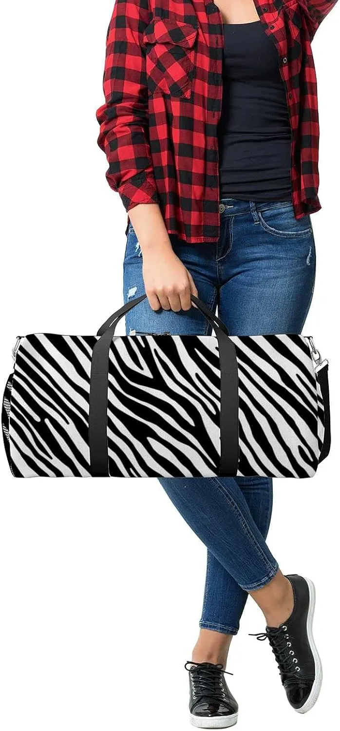 Zebra Skin Texture Sports Duffel Bag Travel Gym Tote Bags Lightweight Durable Shoulder Strap Waterproof Polyester Outside Mesh Pocket Overnight Trip Duffel Bag for Women Men