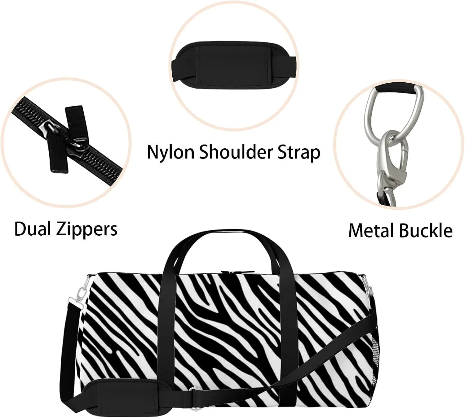 Zebra Skin Texture Sports Duffel Bag Travel Gym Tote Bags Lightweight Durable Shoulder Strap Waterproof Polyester Outside Mesh Pocket Overnight Trip Duffel Bag for Women Men