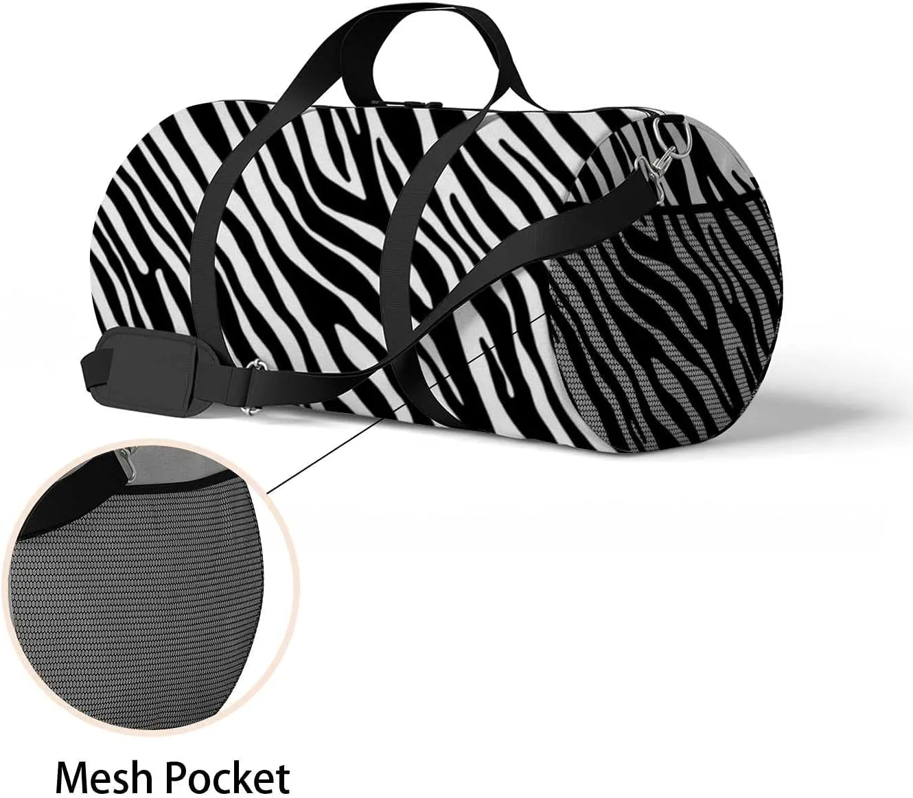 Zebra Skin Texture Sports Duffel Bag Travel Gym Tote Bags Lightweight Durable Shoulder Strap Waterproof Polyester Outside Mesh Pocket Overnight Trip Duffel Bag for Women Men
