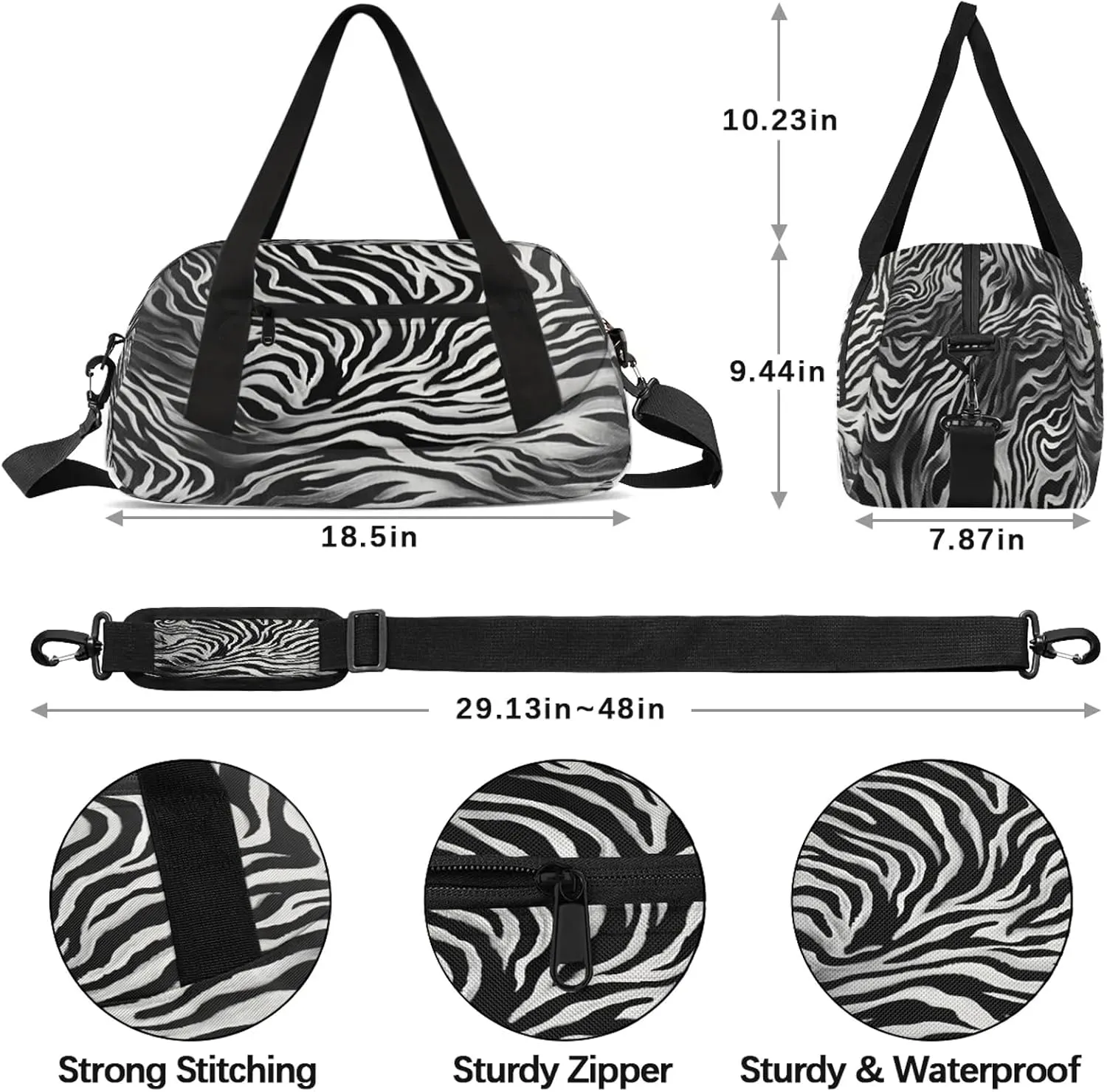 Zebra Stripe Kids Duffel Bag Lightweight Waterproof Sports Gym Bag with Front Zipper Pocket Foldable Weekender Overnight Bag for School Practice Gymnastic Ballet