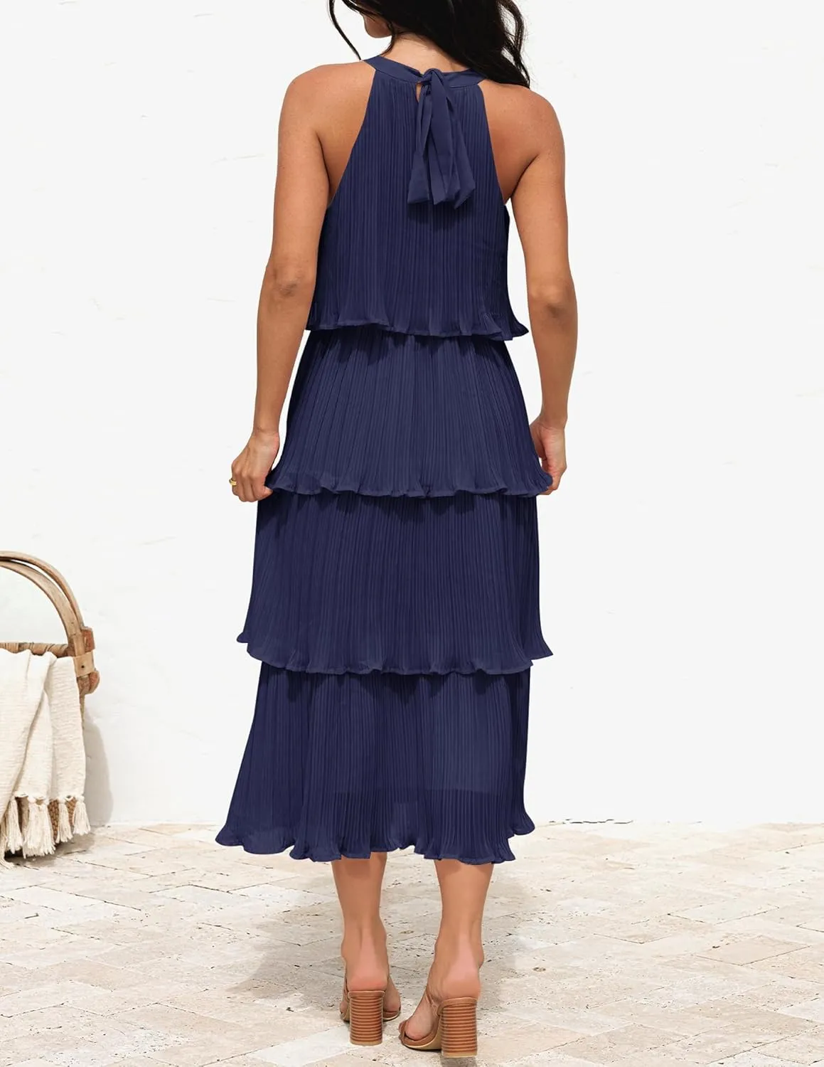 ZESICA Women's 2025 Summer Sleeveless Halter Neck Ruffle Tiered Layed Chiffon Flowy Swing Long Midi Dress