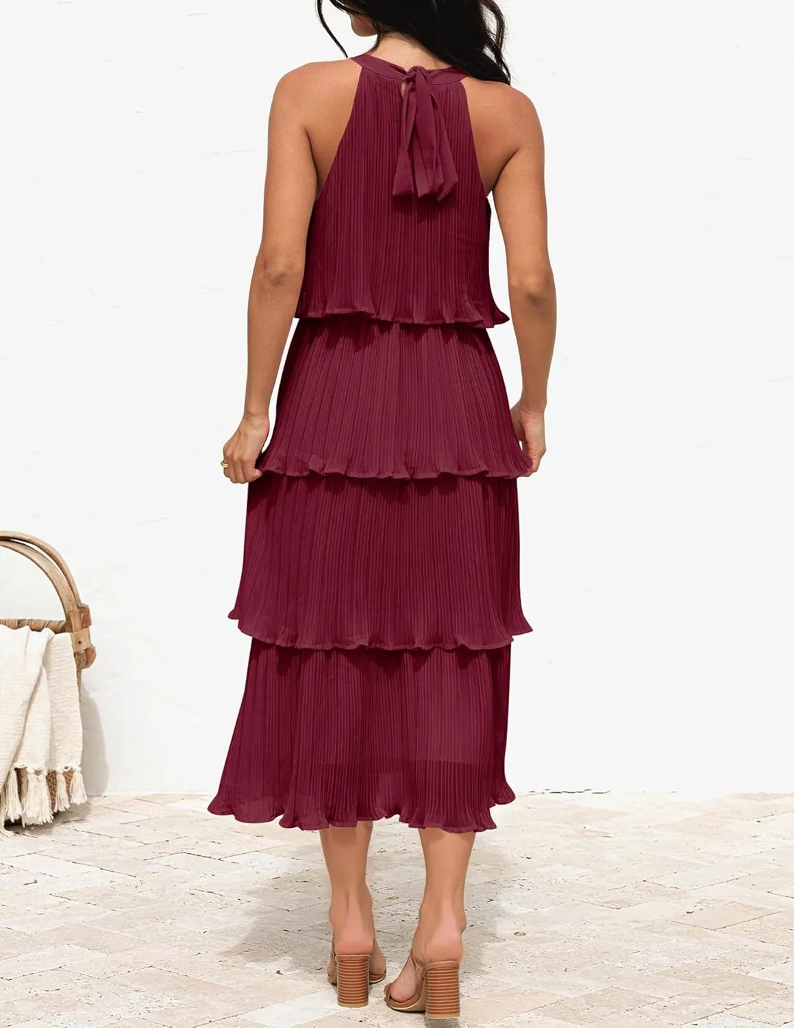 ZESICA Women's 2025 Summer Sleeveless Halter Neck Ruffle Tiered Layed Chiffon Flowy Swing Long Midi Dress
