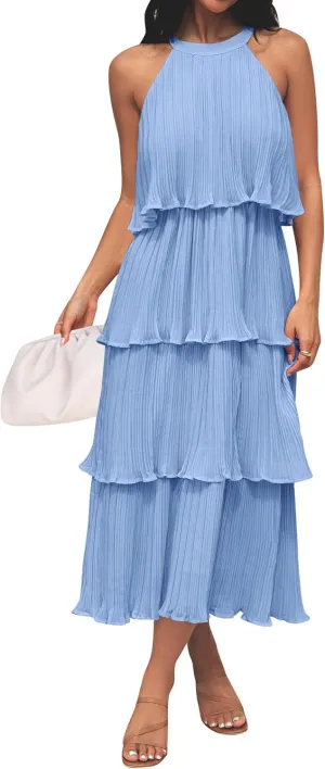 ZESICA Women's 2025 Summer Sleeveless Halter Neck Ruffle Tiered Layed Chiffon Flowy Swing Long Midi Dress