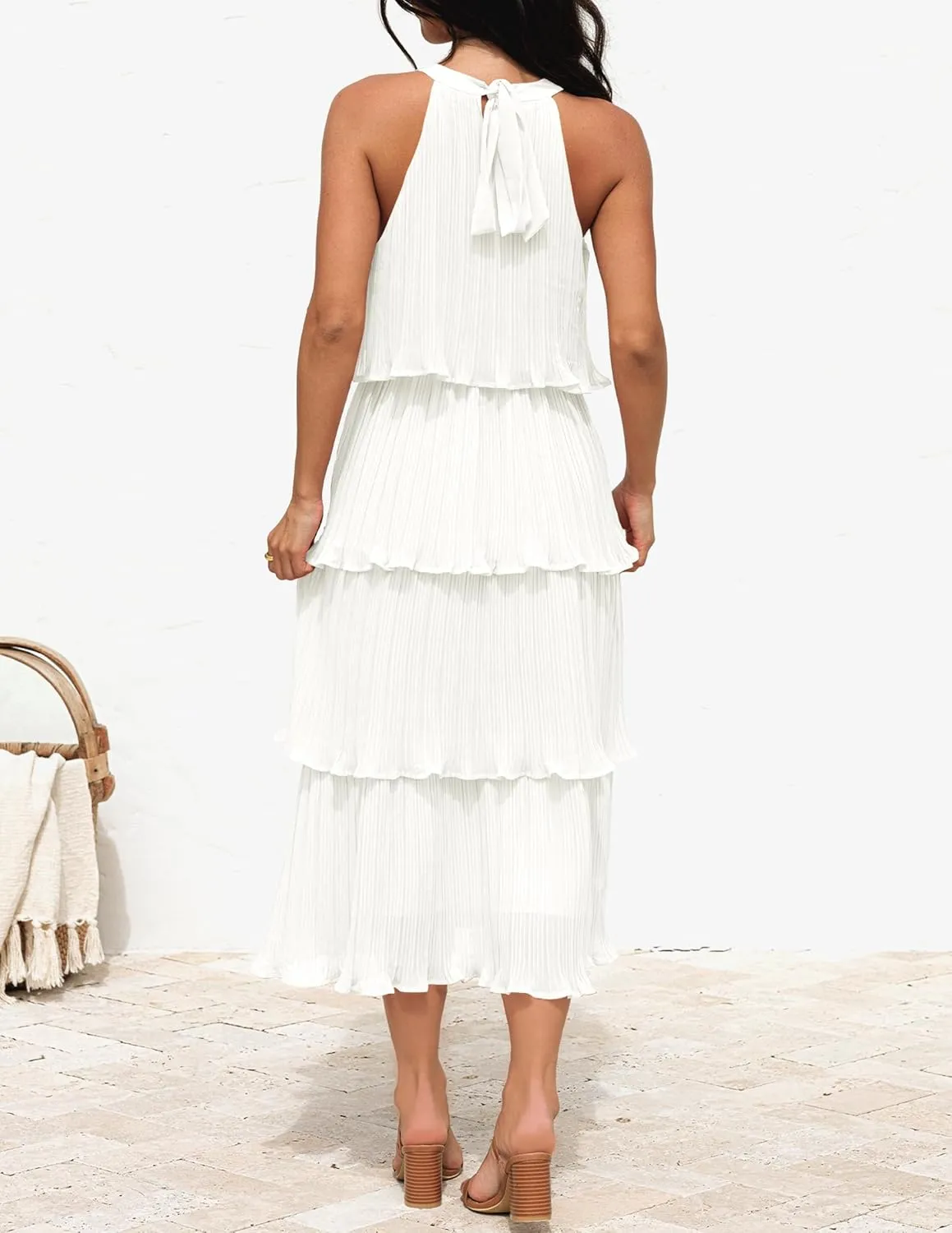 ZESICA Women's 2025 Summer Sleeveless Halter Neck Ruffle Tiered Layed Chiffon Flowy Swing Long Midi Dress