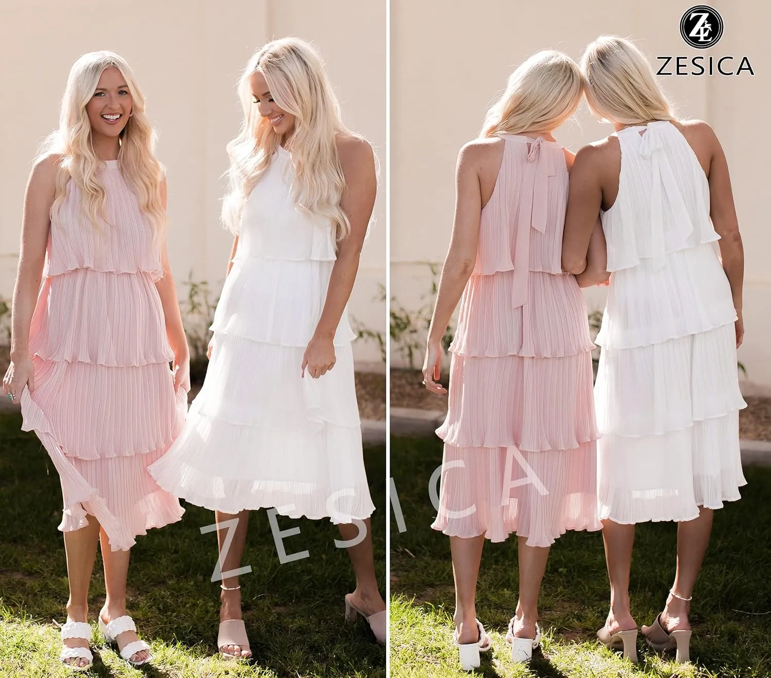 ZESICA Women's 2025 Summer Sleeveless Halter Neck Ruffle Tiered Layed Chiffon Flowy Swing Long Midi Dress