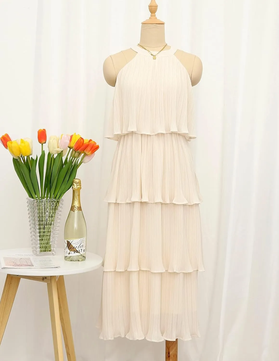 ZESICA Women's 2025 Summer Sleeveless Halter Neck Ruffle Tiered Layed Chiffon Flowy Swing Long Midi Dress