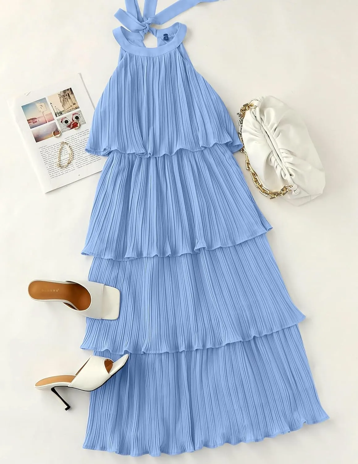 ZESICA Women's 2025 Summer Sleeveless Halter Neck Ruffle Tiered Layed Chiffon Flowy Swing Long Midi Dress