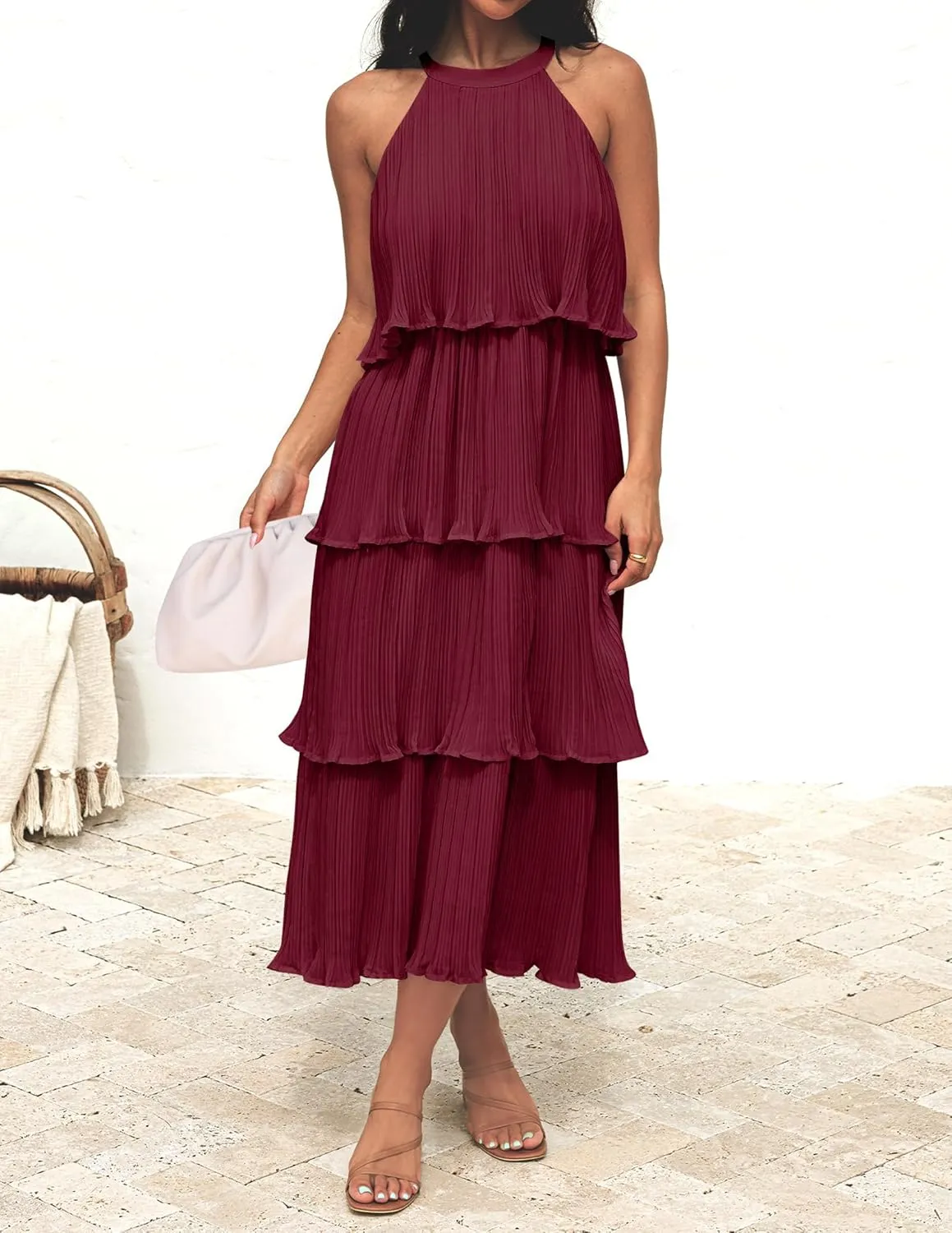 ZESICA Women's 2025 Summer Sleeveless Halter Neck Ruffle Tiered Layed Chiffon Flowy Swing Long Midi Dress