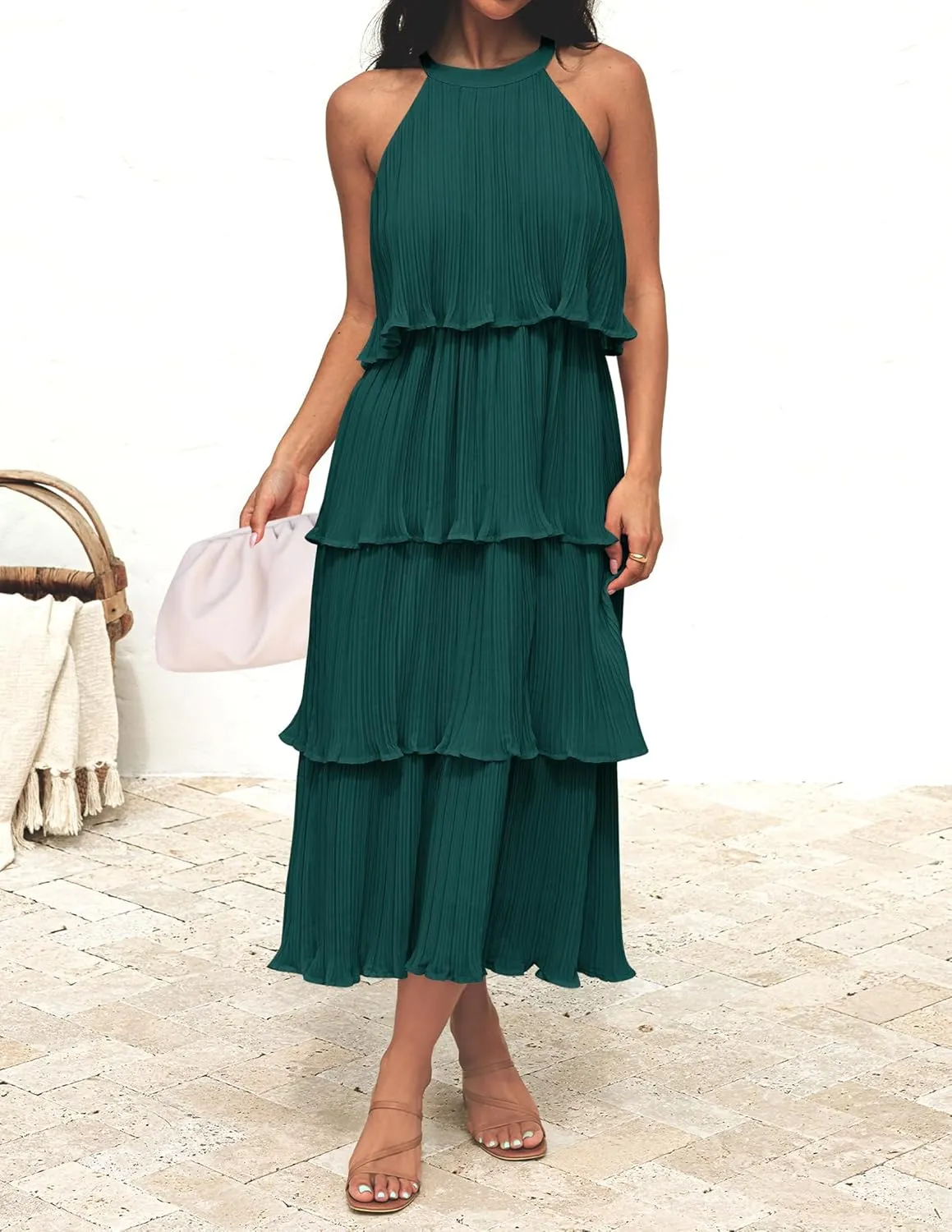 ZESICA Women's 2025 Summer Sleeveless Halter Neck Ruffle Tiered Layed Chiffon Flowy Swing Long Midi Dress