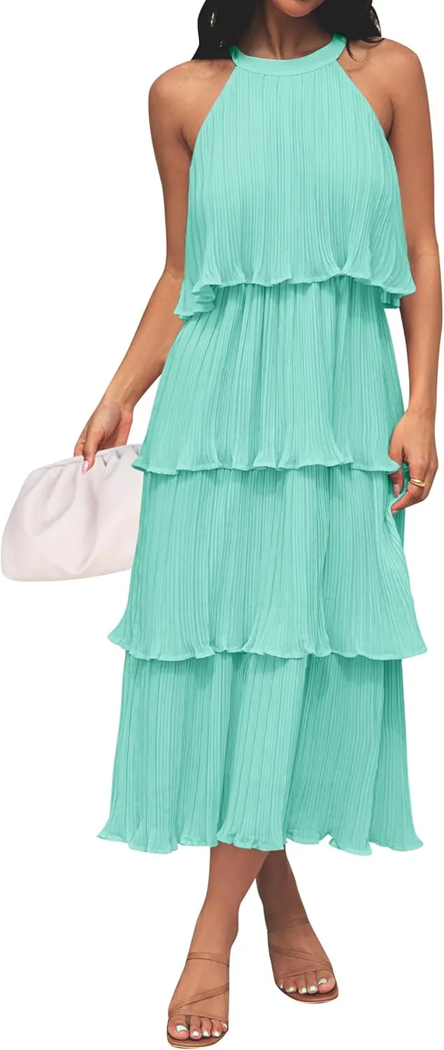 ZESICA Women's 2025 Summer Sleeveless Halter Neck Ruffle Tiered Layed Chiffon Flowy Swing Long Midi Dress